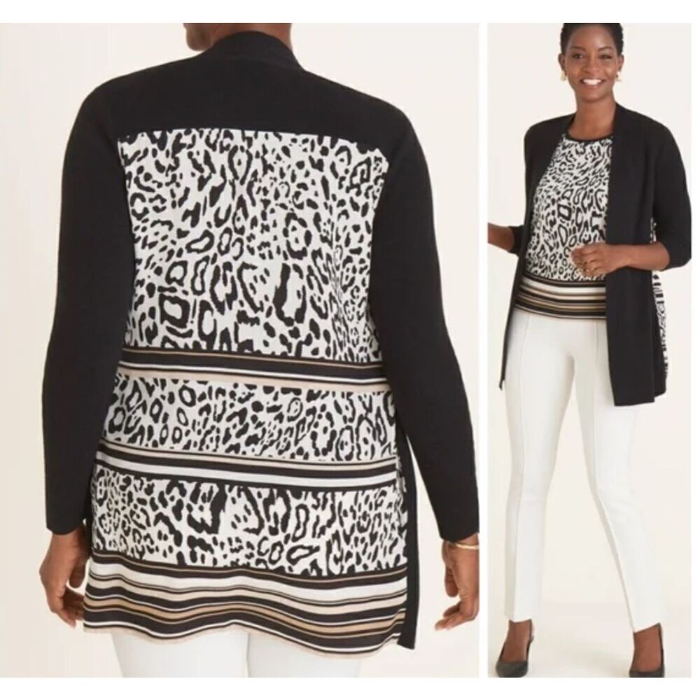 Chico’s Animal Print Back Cardigan Sweater Black White Women’s XXL (4)
